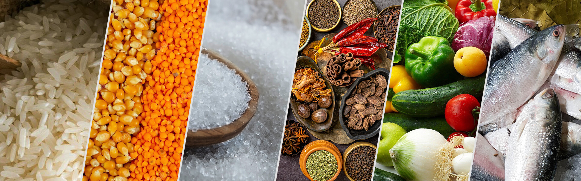 Sacks and bowls of grains and food staples